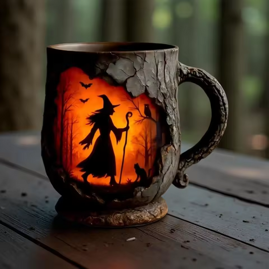 Handmade 3D Halloween Fun Mug – Witch & Cat Design
