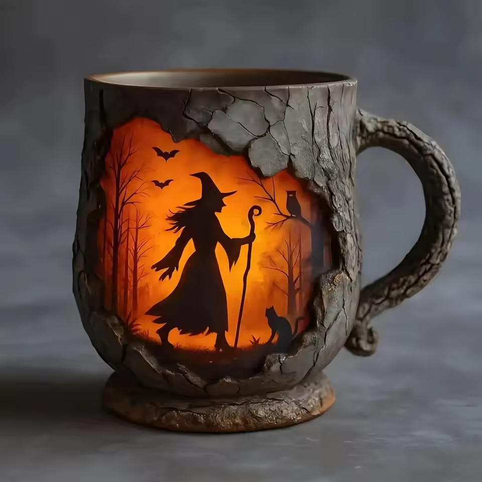 Handmade 3D Halloween Fun Mug – Witch & Cat Design