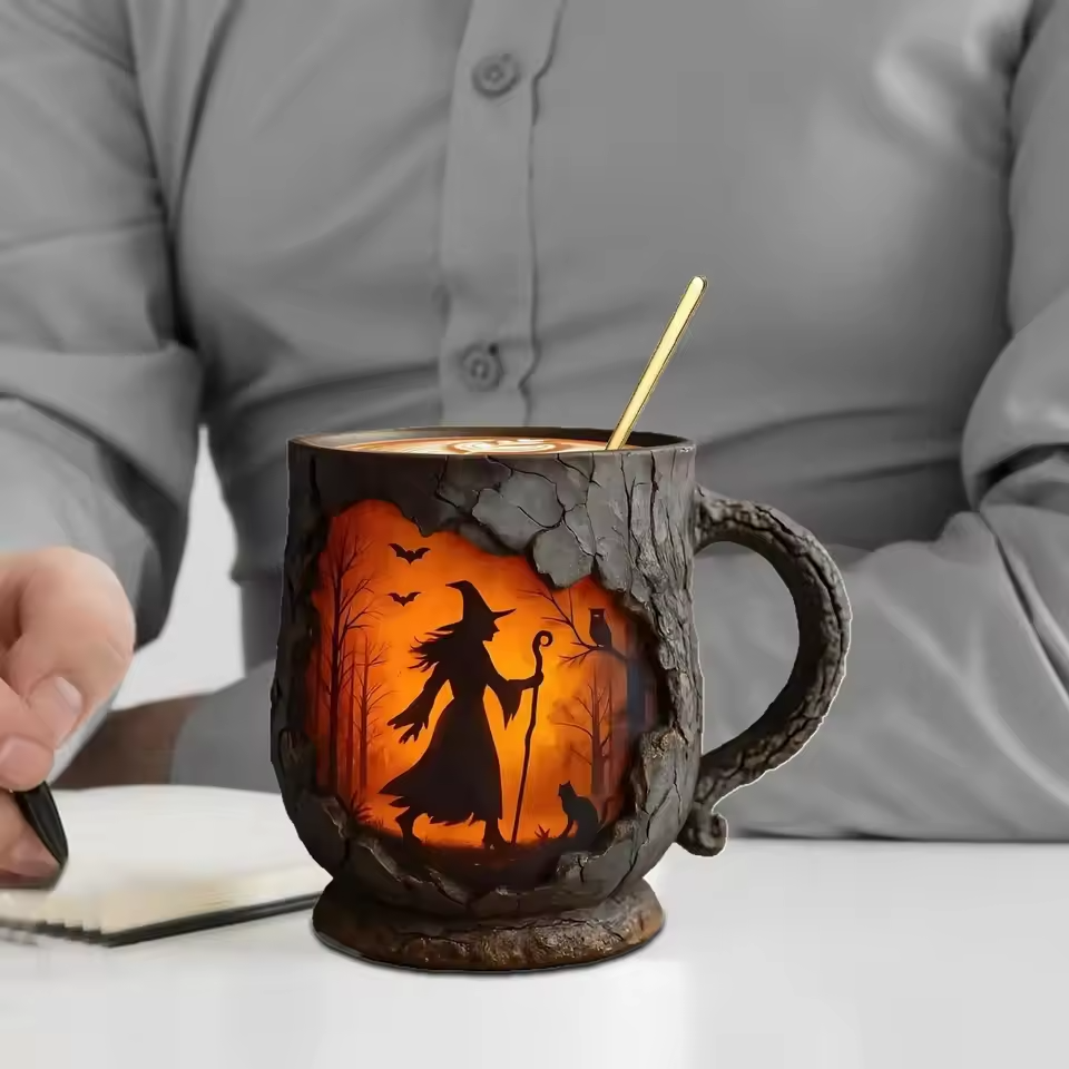 Handmade 3D Halloween Fun Mug – Witch & Cat Design