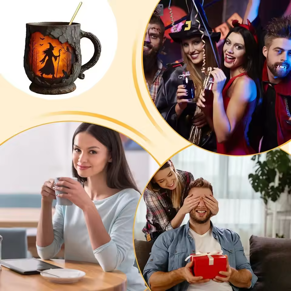 Handmade 3D Halloween Fun Mug – Witch & Cat Design