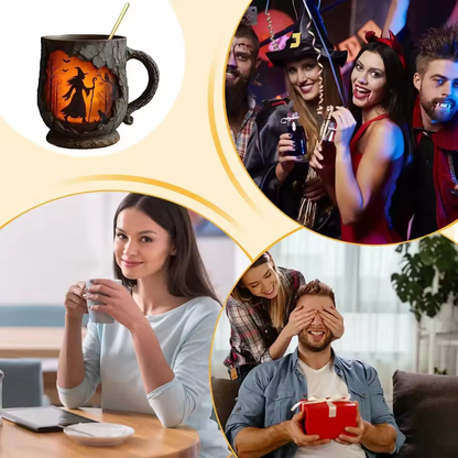 Handmade 3D Halloween Fun Mug – Witch & Cat Design